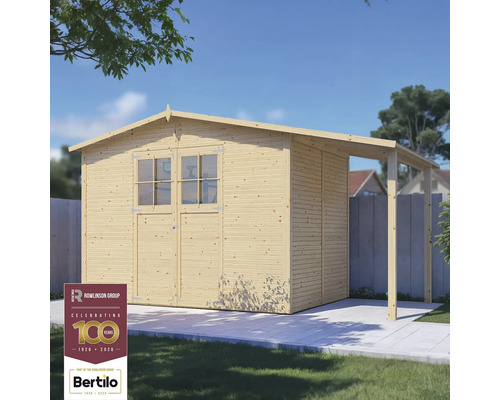 Trädgårdsskjul BERTILO Fineline 4 inkl. sidotak 441x210cm natur Trädgårdshus i trä med dubbeldörr, fönster och markis