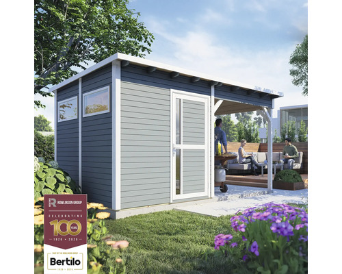 Trädgårdsskjul BERTILO Pentus 2 inkl. golv, sidotak 470x266cm ljusgrå Trädgårdshus med terrass och sittande personer i trädgården
