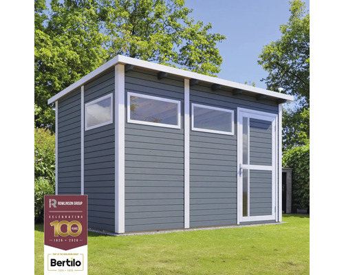 Trädgårdsskjul BERTILO Pentus 3 inkl. golv 359x266cm ljusgrå Trädgårdshus i trä med fönster och dörr på gräsmatta