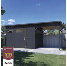 Modern trädgårdsskjul med carport och Rowlinson Group Logo.