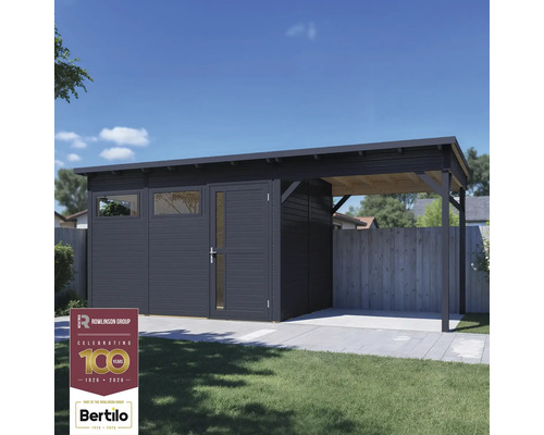 Trädgårdsskjul BERTILO Pentus 3L inkl. golv, sidotak 582x266cm antracit Modern trädgårdsskjul med carport och Rowlinson Group Logo.