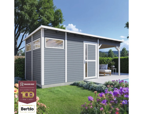 Trädgårdsskjul BERTILO Pentus 3L inkl. golv, sidotak 582x266cm ljusgrå Trädgårdshus med terrass och fönster