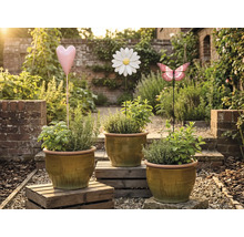 Tre blomkrukor med örter och dekorativa trädgårdspluggar i form av ett hjärta, en blomma och en fjäril i en trädgård.