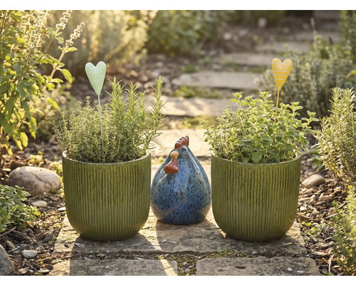 Trädgårdsstilleben med planterade krukor, hjärtpinnar och dekorativ höna på en stengång