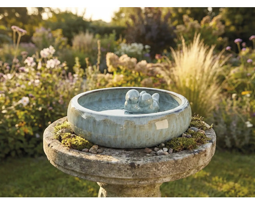 Fågelbad i keramik med fågelpar i trädgården