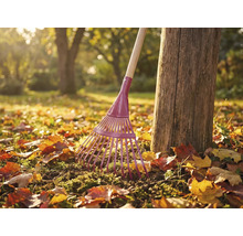 Trädgårdsräfsa i metall med träskaft bredvid trädstam i trädgården