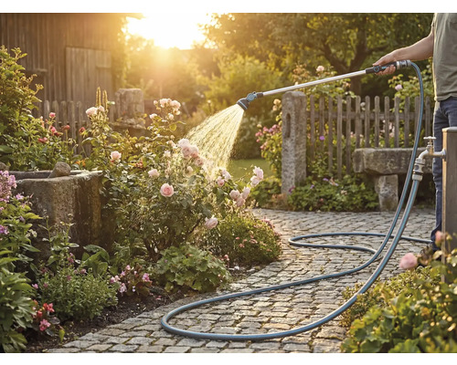 En person vattnar rosor med en trädgårdsslang på en stenlagd väg.