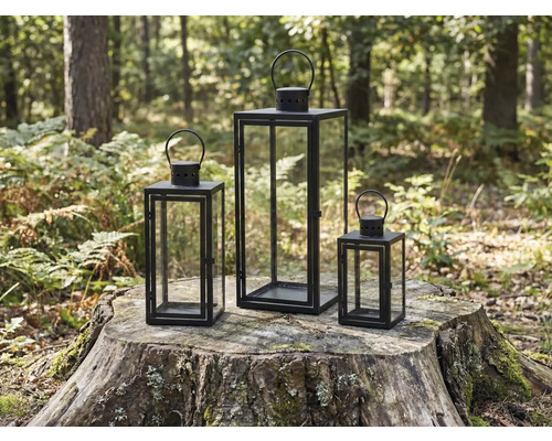 Tre vindljus i metall och glas på en trädstubbe i en trädbevuxen skog