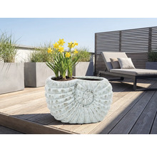 Planteringskärl i snigelform med påskliljor på en terrass