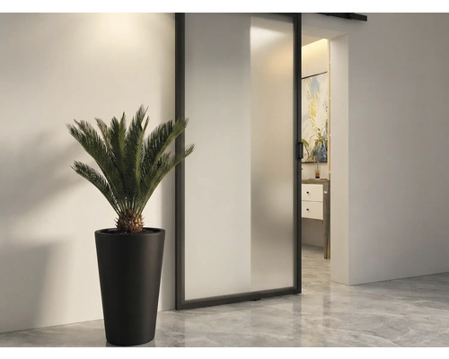 Rumsutsikt med skjutdörr, krukväxt och utsikt över ett badrum