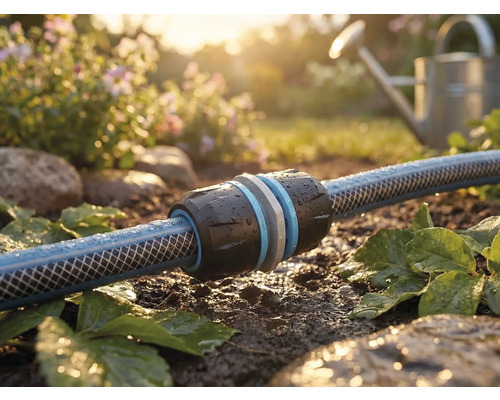 Trädgårdsslang med koppling i trädgården