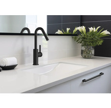 Tvättställ med svart armatur, handduk och blomvas i badrummet