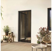 Utomhusvy av en öppen insektsdörr i ett vardagsrum