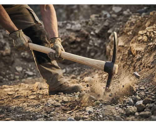 Man använder en hacka för att gräva i marken