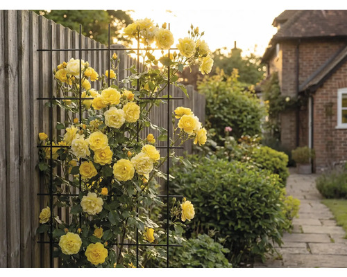 Gula klätterrosor på ett metallgaller i trädgården