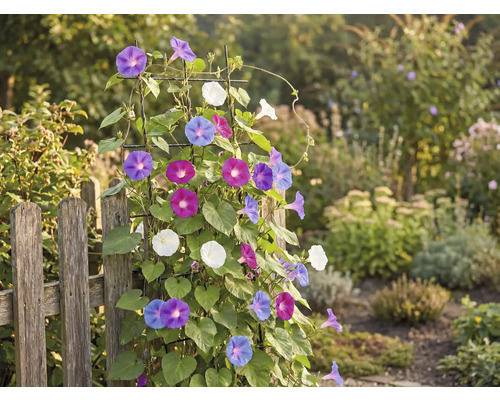 Trädgårdsutsikt med staket och klätterväxt med färgglada blommor