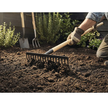 Trädgårdsmästare krattar jorden med en kratta, en spade och en grep syns i bakgrunden.