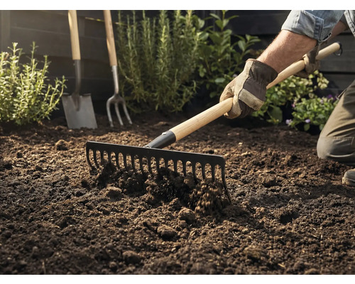 Trädgårdsmästare krattar jorden med en kratta, en spade och en grep syns i bakgrunden.