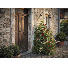 Exteriör av ett hus med trädörr och spaljé med blommande blomsterkrasseväxter