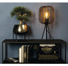 Dekorativt arrangemang med bordslampa, krukväxt och skrivmaskin på en hylla.