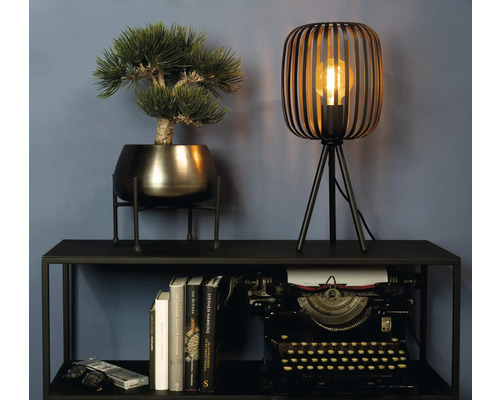 Dekorativt arrangemang med bordslampa, krukväxt och skrivmaskin på en hylla.