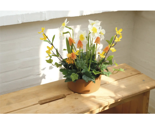 Dekorativ blomsterarrangemang med narcisser i keramikkruka på träbord