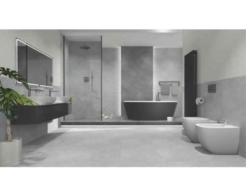 Badrum med dusch, badkar, tvättställ, spegel, toalett och bidé