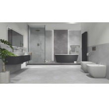 Badrum med dusch, badkar, tvättställ, spegel, toalett och bidé