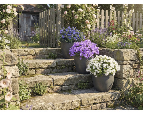 Trädgårdsanläggning med stentrappa och blommande krukväxter