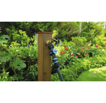 Trädgårdsscen med vattenkran, fördelare och slang på en trästolpe