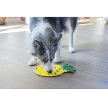Hund äter mat från en interaktiv foderleksak i form av en ananas
