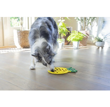 En hund äter ur en gul interaktiv matskål i form av en ananas.