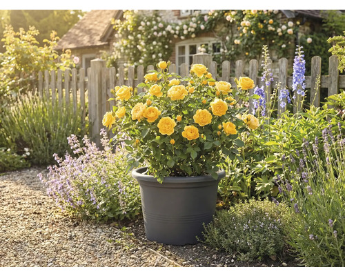 Gul ros i kruka i trädgården