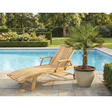 Träsolstol bredvid en pool och en palm i kruka