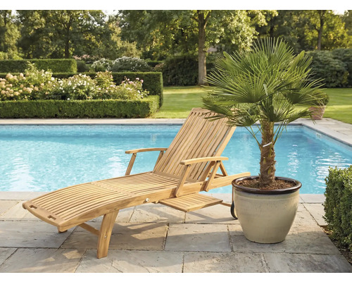 Träsolstol bredvid en pool och en palm i kruka