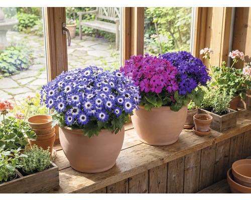 Rum med blommande cinerarier i terrakottakrukor