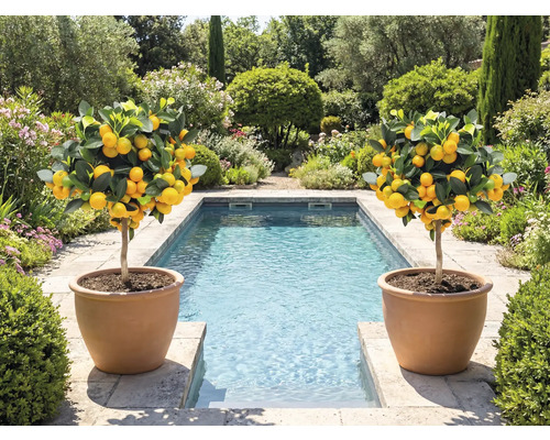 Två citronträd i terrakottakrukor bredvid en pool i en trädgård.