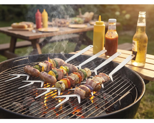 Grillscen med grillspett på en kolgrill, såser och drycker utomhus