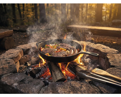 Stekpanna över öppen eld med biffar, korv och grönsaker i skogen