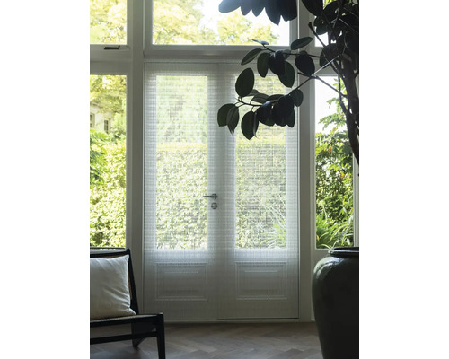 Interiör med dörr med glasstruktur, fåtölj och krukväxt