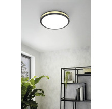 Rund taklampa i vardagsrum med hylla och krukväxt