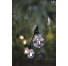 LED-ljusslinga för utomhusbruk med klara filamentlampor i en trädgård.