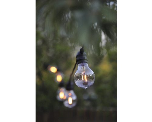 LED-ljusslinga för utomhusbruk med klara filamentlampor i en trädgård.