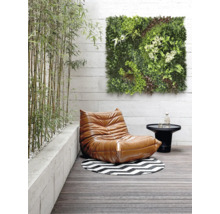 Miljö med en fåtölj, ett bord, en rund matta och en grön väggpanel på en terrass