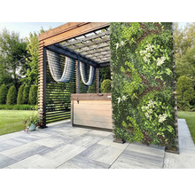 Vy med bubbelpool under en pergola och en vertikal trädgårdsvägg