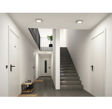 Modern, ljus hall med vita dörrar, en grå betongtrappa och kvadratiska LED-taklampor.