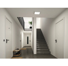 Modern, ljus hall med vita dörrar, en mörk trappa och en kvadratisk LED-taklampa.