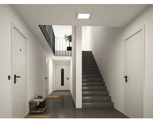 Modern, ljus hall med vita dörrar, en mörk trappa och en kvadratisk LED-taklampa.