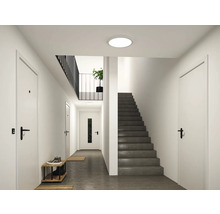 Ljus, organiserad hall med vita dörrar, mörkgrå trappa, rund taklampa och minimalistiskt skoställ.