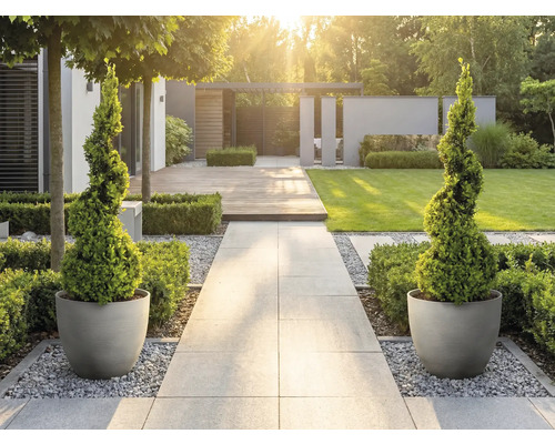 Modern ljus trädgård med stengång, spiralformade formklippta växter i runda krukor, trädäck och gräsmatta.